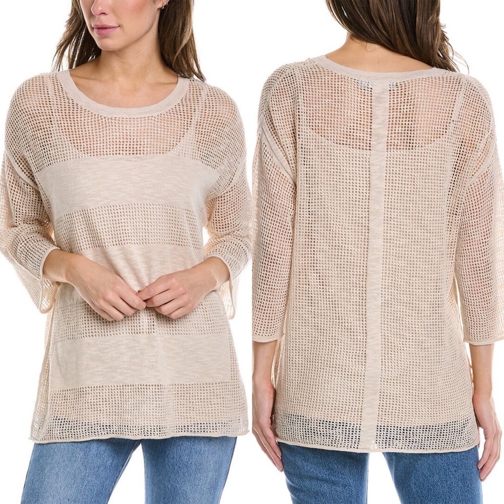 NWT In Cashmere Size Medium Linen-Blend Tunic 3/4 Sleeves Neutral Beige Striped